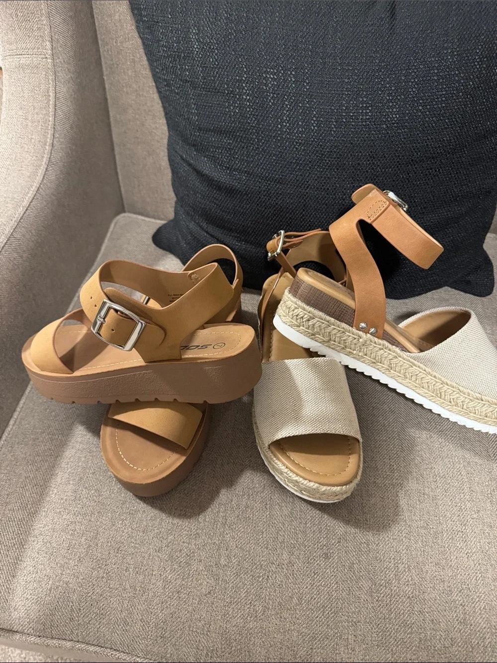 Two pair of Soda Sandals. Tan and Cream Wedge Sandals and Tan Wedge Sandals - Picture 5 of 9